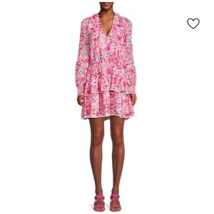 Allison New York Pink Artsy FloralPrint Tiered Ruffle Skirt Long Sleeve Dress M?